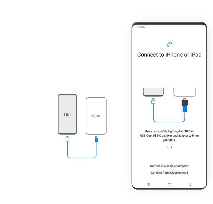 Sebuah Galaxy terhubung ke perangkat lain melalui kabel USB ke Lightning. GUI lain di sebelah kanan menunjukkan dua perangkat ponsel pintar yang terhubung melalui kabel USB ke Lightning dan adaptor USB-C.