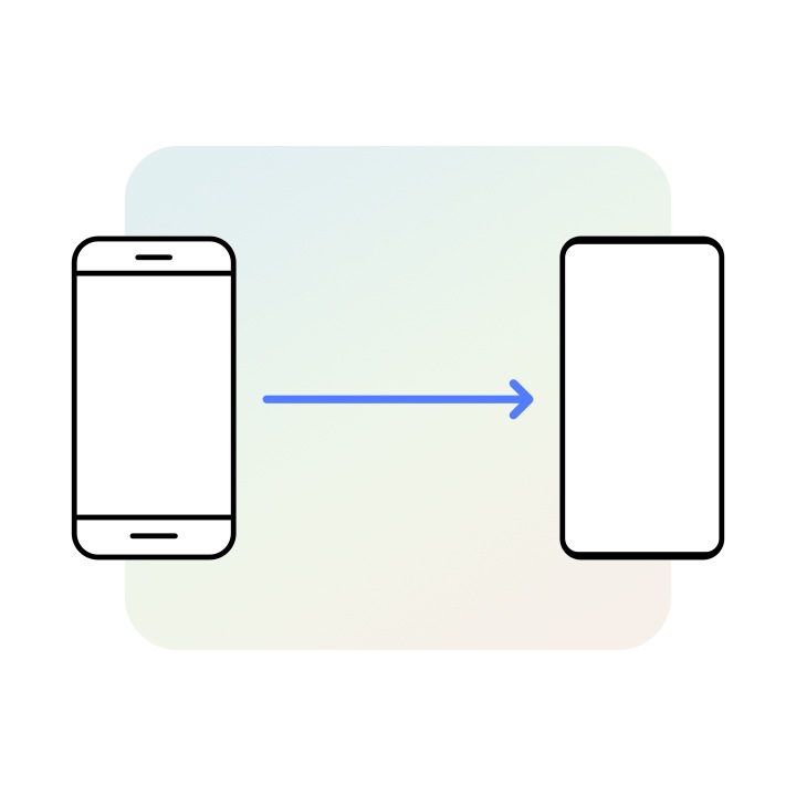 Dua ikon perangkat ditampilkan berdampingan dengan panah di antara keduanya mengarah dari kiri ke perangkat di sebelah kanan. Galaxy di sebelah kiri tampak seperti model yang lebih lawas dan kanan tampak seperti model yang lebih baru. 