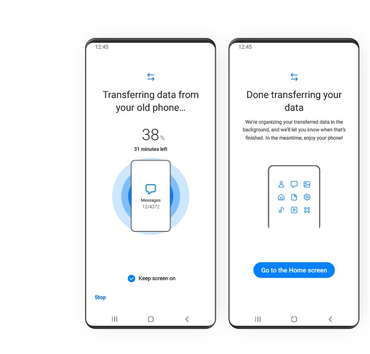 GUI di sebelah kiri menunjukkan transfer data Smart Switch sedang berlangsung, diindikasikan oleh persentase dan menit yang tersisa. GUI lain di sebelah kanan menunjukkan transfer data yang telah selesai.