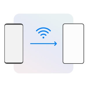 Dua ikon perangkat ditampilkan berdampingan dengan panah di antara keduanya bergerak dari kiri ke kanan. Di atas panah terdapat simbol WiFi. Galaxy kiri terlihat seperti model yang lebih lama dan kanan tampak seperti model yang lebih baru. 