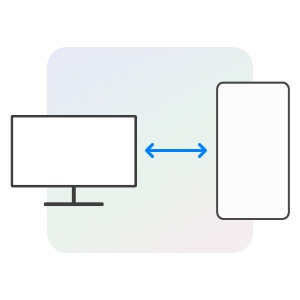 Ikon perangkat PC ditempatkan di sebelah kiri dan ikon perangkat Galaxy berada di sebelah kanan. Di antara keduanya terdapat panah dua kepala. 