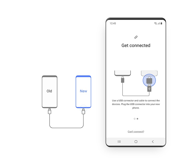 Di sebelah kanan, GUI menunjukkan Galaxy terhubung ke perangkat lain melalui kabel USB. GUI lain di sebelah kanan menunjukkan dua perangkat ponsel pintar yang tersambung melalui kabel USB dan adaptor USB-C. 