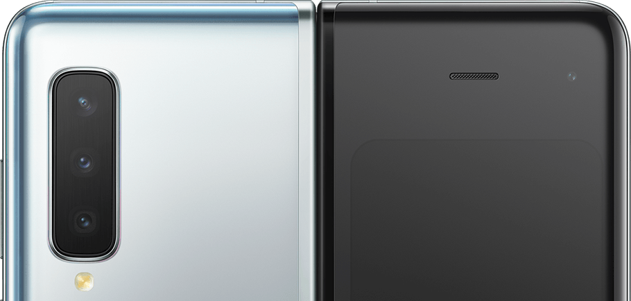 Two Galaxy Folds, unfolded, one seen from the front and the other seen from the rear to show the location of the six cameras. On the front display is 10MP Selfie Camera and 8MP RGB Depth Camera. On the rear is 12MP Telephoto Camera, 12MP Wide-angle Camera, and 16MP Ultra Wide Camera. On the cover is 10MP Selfie Camera