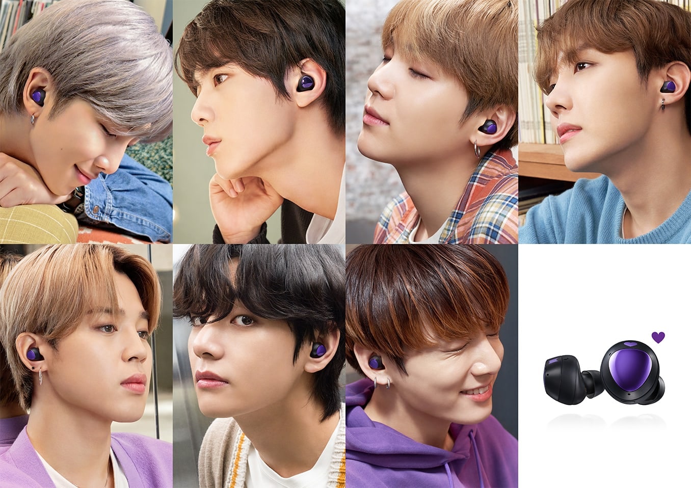 A photo grid featuring pictures of each member of BTS wearing the Galaxy Buds plus BTS Edition. Another picture in the grid shows the Galaxy Buds plus BTS edition against a white background, with a purple heart off to the side.
