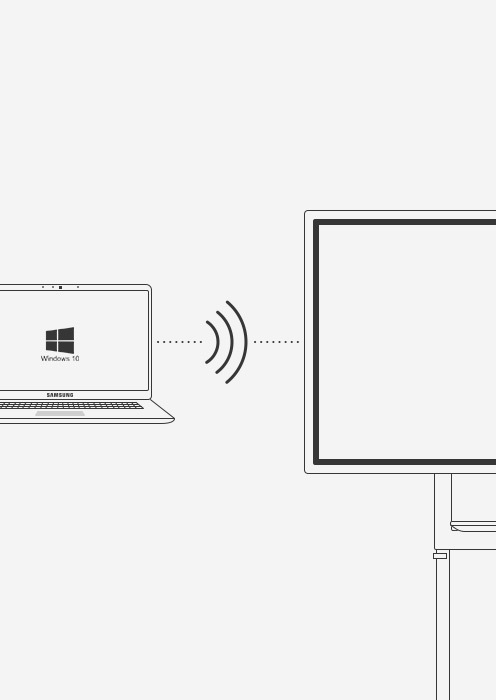 Bir Samsung Flip cihazının ve Windows 10 ile donatılmış bir dizüstü bilgisayarın kablolar olmadan nasıl bağlandığını gösteren bir resim. 