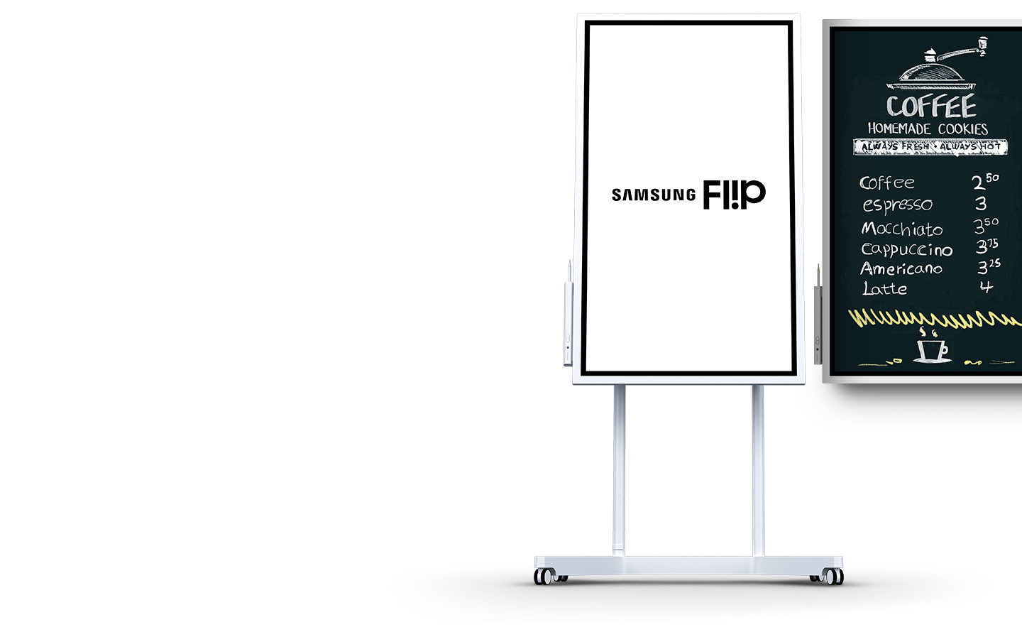 Solda, dik duran bir Flip Samsung Flip logosunu gösterirken, sağda duvara monte edilmiş bir Flip ekran ünitesi bir kahve dükkanı menüsünü gösterir.
