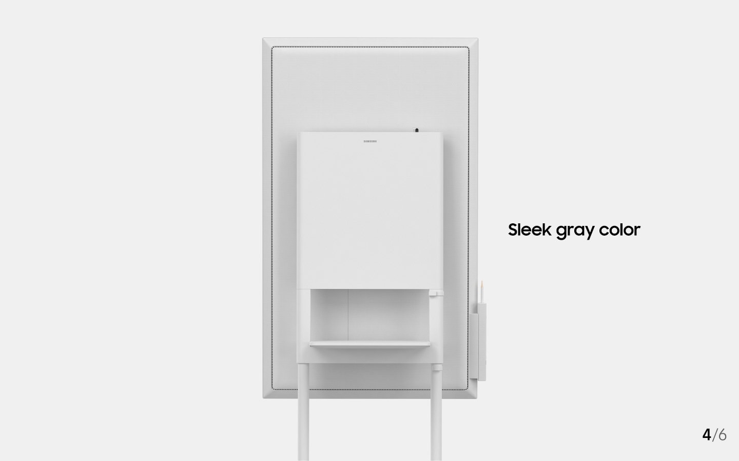 An image showing a Samsung Flip device rotating, to show the back of the device with text that reads "Sleek, gray color"(6-4).