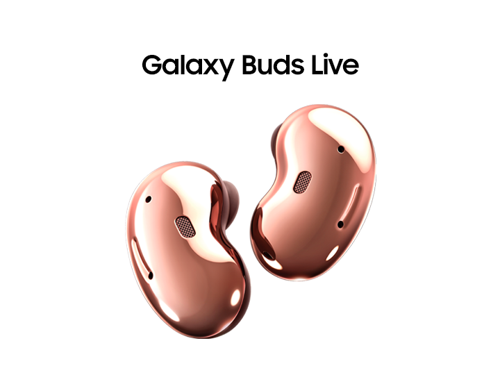 A pair of Mystic Bronze Samsung Galaxy Buds Live earbuds floating in mid air in front of a white background