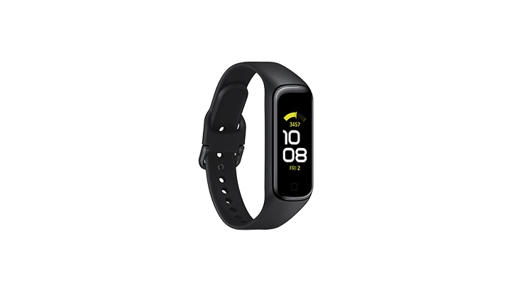 A black Samsung Galaxy Fit 2 fitness smartwatch in front of a white background