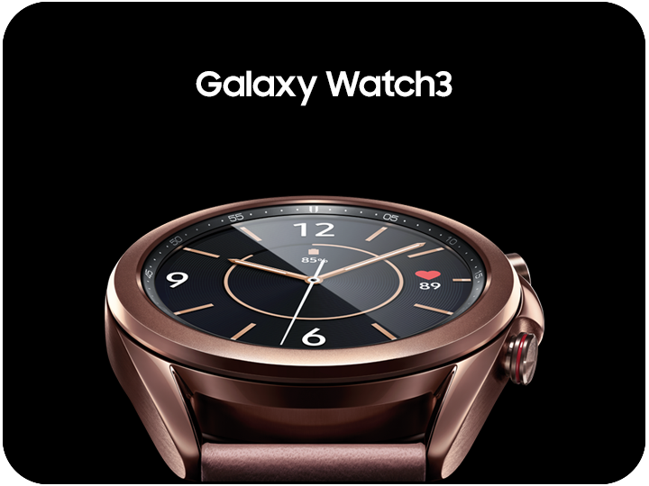 closeup of Samsung Galaxy Watch3 in bronze on black background.