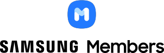 The Samsung Members app icon that has the letter M encased in a blue background is placed next to the Samsung logo.