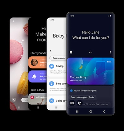 מבט מקדימה על סמארטפון Galaxy עם אפליקציית Bixby פועלת ושלוש תמונות מסך של Bixby Vision,‏ Home, ו-Bixby Routines.