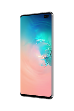 טלפון Galaxy S10 plus בצבע לבן מבריק, עם גרפיקה מופשטת בצבע אלמוג וכחול מדורגים מוצגת על המסך.