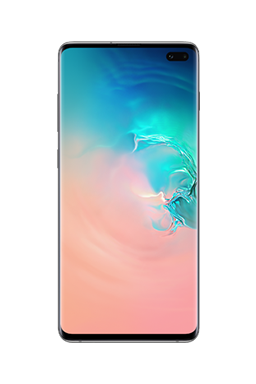 טלפון Galaxy S10 plus בצבע לבן מבריק, עם גרפיקה מופשטת בצבע אלמוג וכחול מדורגים מוצגת על המסך.