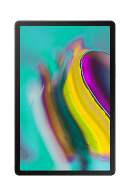 טאבלט Galaxy S5e בצבע שחור עם גרפיקה מופשטת צבעונית על המסך.