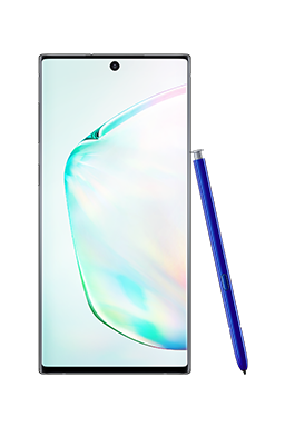 Galaxy Note10 בצבע כסוף פריזמה במבט מלפנים עם S-Pen לבן הנשען עליו וגרפיקה מופשטת על המסך.