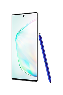 Galaxy Note10 בצבע כסוף פריזמה במבט מלפנים עם S-Pen לבן הנשען עליו וגרפיקה מופשטת על המסך.