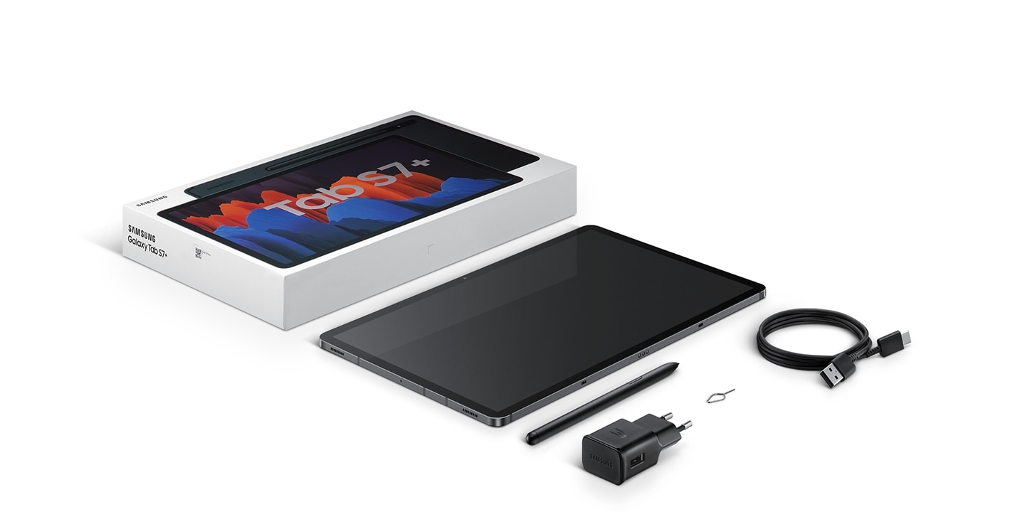 Flat lay of items included in box with Galaxy Tab S7+. The packaging, the device, S Pen, travel adapter, USB Type-C earphones, data link cable, and SIM ejection pin