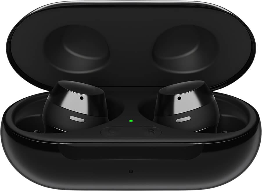 A docked pair of enlarged black Galaxy Buds plus is displayed in an open charging case.