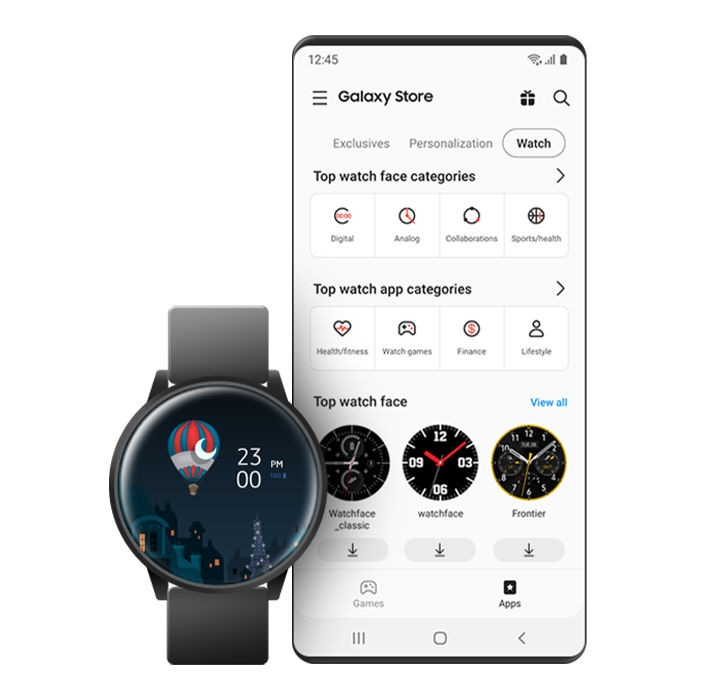 A GUI screen showing various Galaxy Watch face themes available in the Galaxy Store.