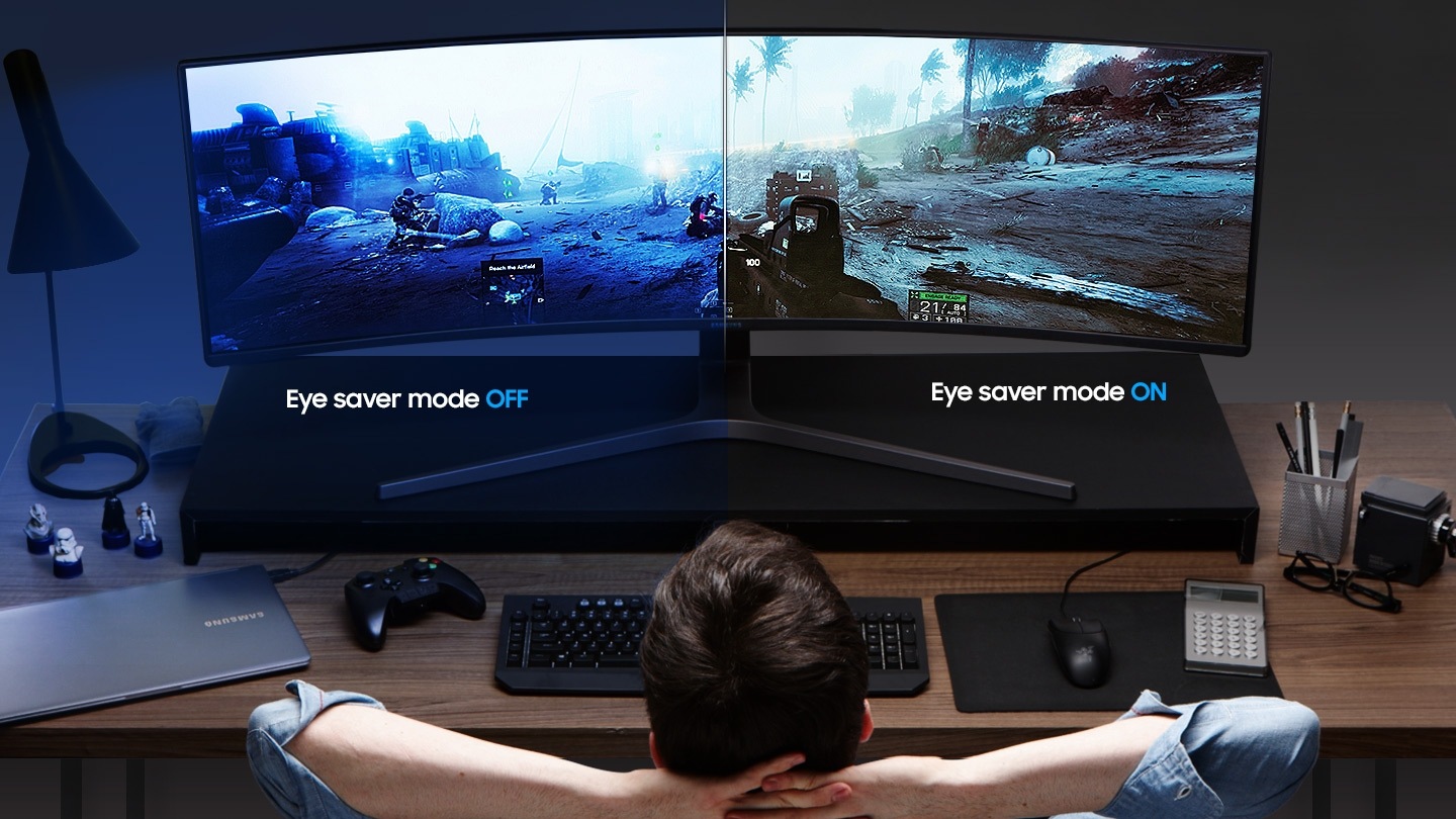 This is the image that describes Eye Saver Mode on Samsung Monitor. A man looks at the monitor and shows a functional screen difference.