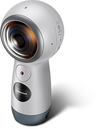 A three-quarter view of the Gear 360 (2017) from the left.