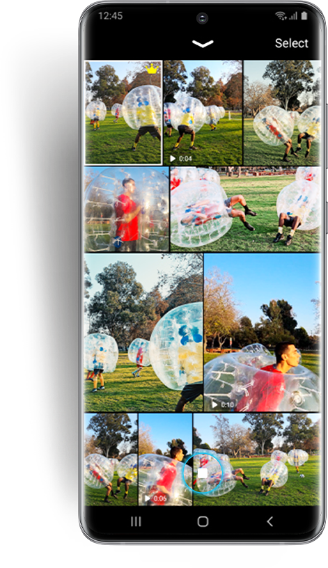 A bubble soccer game shown inside the Galaxy S20 Ultra display. The Single Take interface shows how you tap the shutter and then take a video for up to 10 seconds, and then multiple formats are automatically created