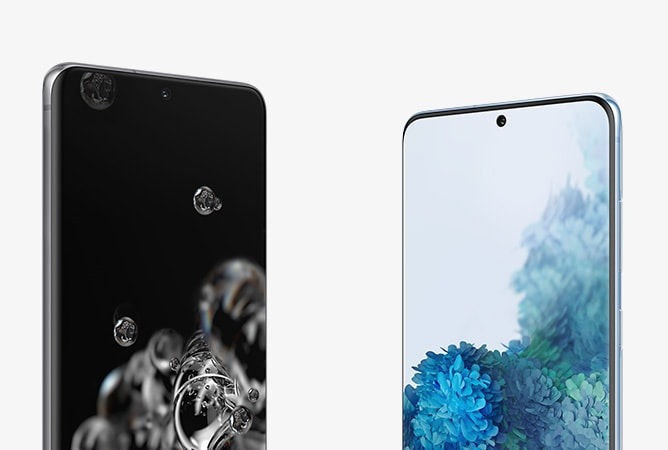 The upper halves of Galaxy S20 Ultra and Galaxy S20 plus, both seen from the front slightly angled towards each other. Galaxy S20 Ultra has a bubble wallpaper onscreen, and Galaxy S20 plus has a graphic flower wallpaper onscreen