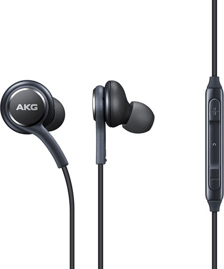 Galaxy S8 or S8+ earphones by AKG shown with control buttons