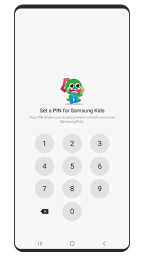 صفحه امنیتی برنامه Samsung Kids، از شما می‌خواهد یک کد پین 4 رقمی تنظیم کنید.