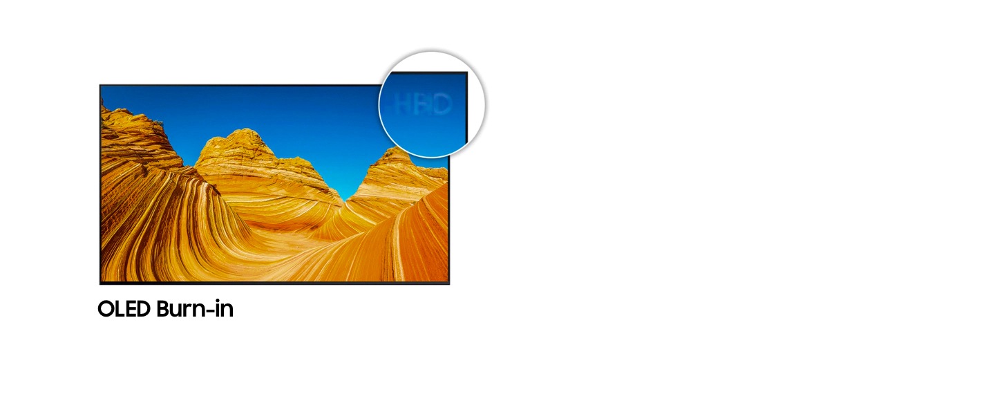 یک تلویزیون OLED صحنه‌ای از یک دره را نشان می‌دهد و حروف کمرنگ در گوشه سمت راست صفحه تلویزیون نشان دهنده سوختگی پیکسل در صفحه OLED است.