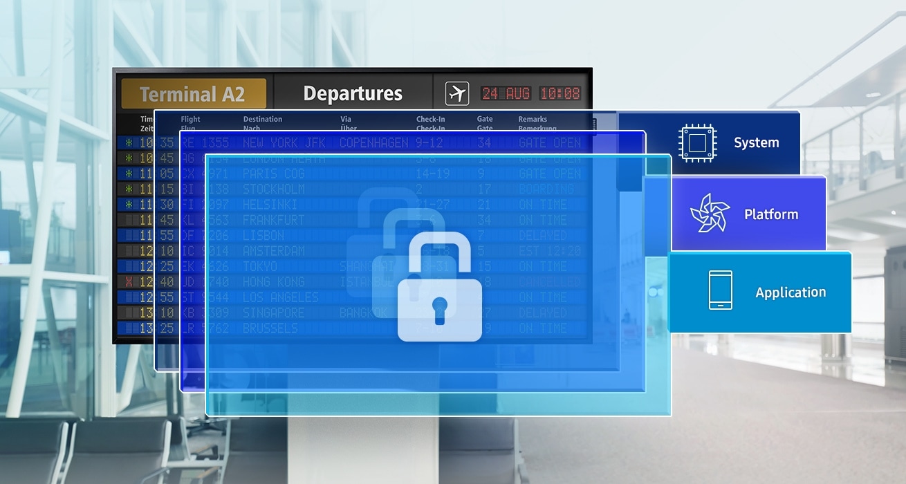 На изображении показаны экраны дисплея серии QBH в виде электронных досок на фоне зала аэропорта. Изображение демонстрирует, что дисплеи обеспечивают безопасность уровне системы, платформы и приложения.