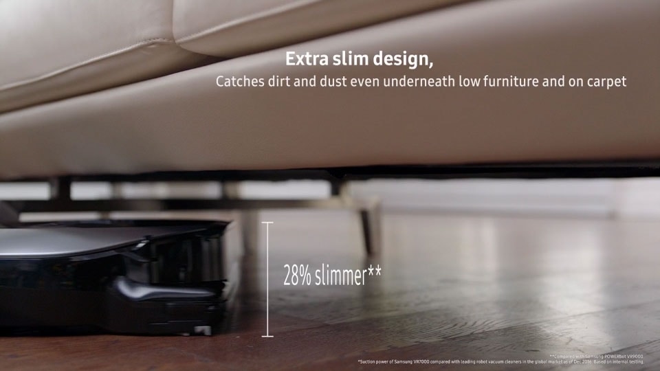 The 'Extra slim design, Extra powerful' image, showing a user scenario of a POWERbot VR7000 device being used at home, cleaning a dirty sofa effectively with its powerful performance and thin design.