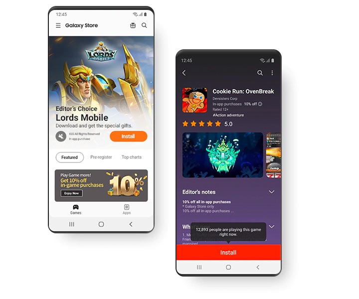 Dos teléfonos inteligentes muestran distintas pantallas de Galaxy Store. Una pantalla muestra la instalación de MMORPG, Lords Mobile, en los destacados de Galaxy Store, la otra muestra el juego Cookie Run: Ovenbreak, en Galaxy Store.