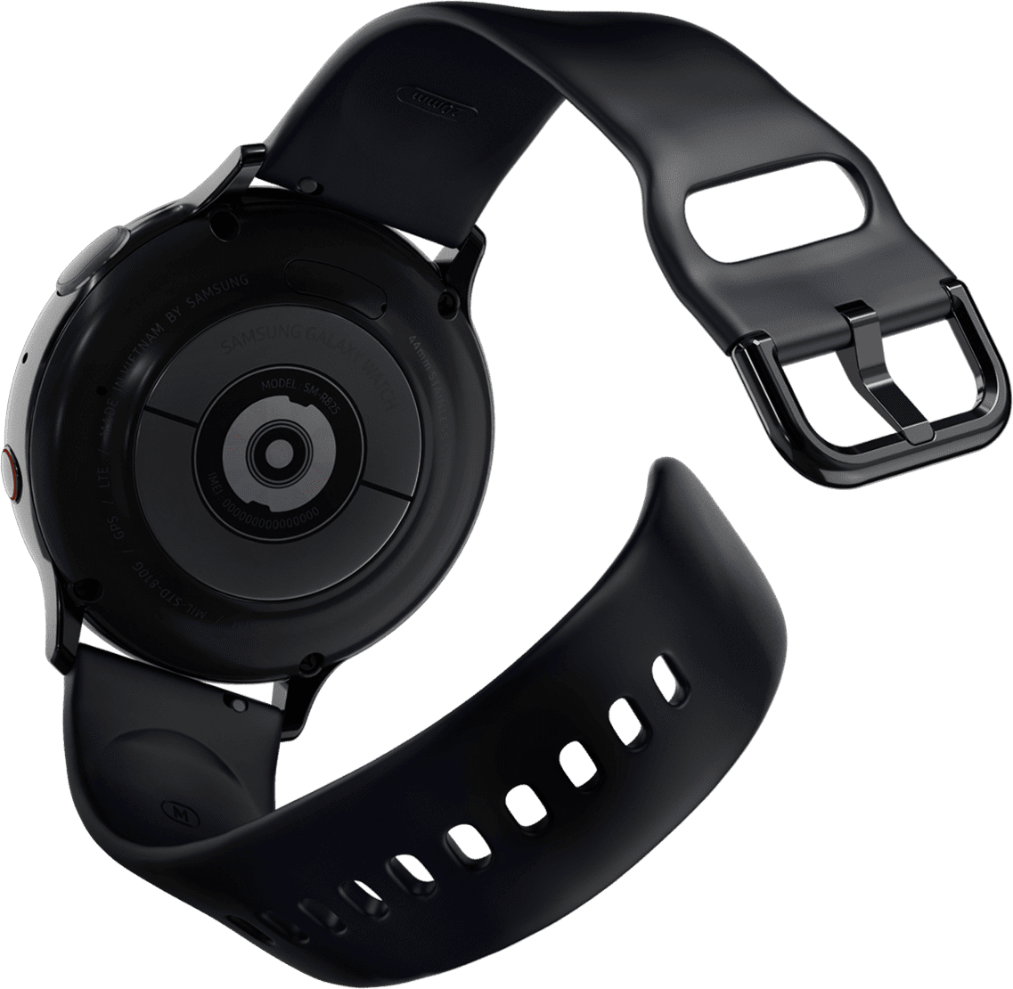 Sensores verdes que destellan desde un Galaxy Watch Active2 y miden el ritmo cardíaco.