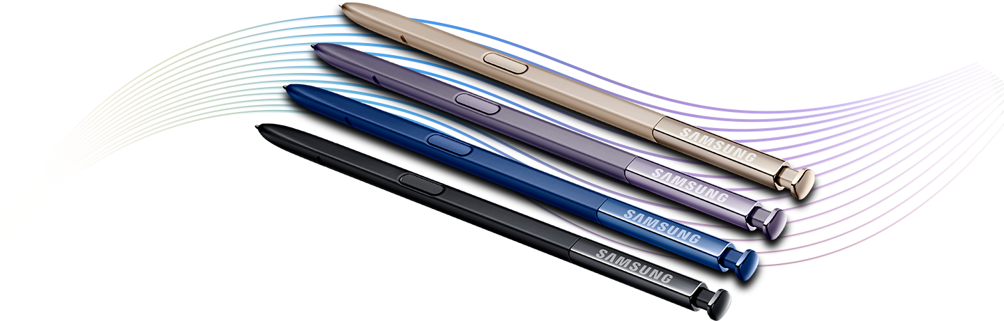 Four parallel S Pens are diagonally angled and represent the colors Maple Gold, Orchid Gray, Deepsea Blue, and Midnight Black, respectively from top to bottom.