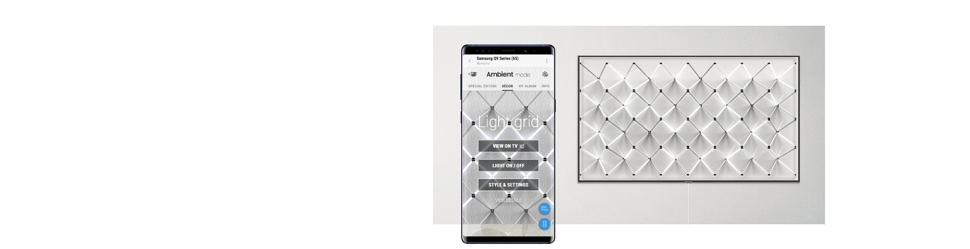 La imagen muestra el nuevo patrón de Modo Ambiente del QLED de 2019 "Cuadrícula clara" y un teléfono inteligente para aplicar el patrón mediante la aplicación SmartThings.