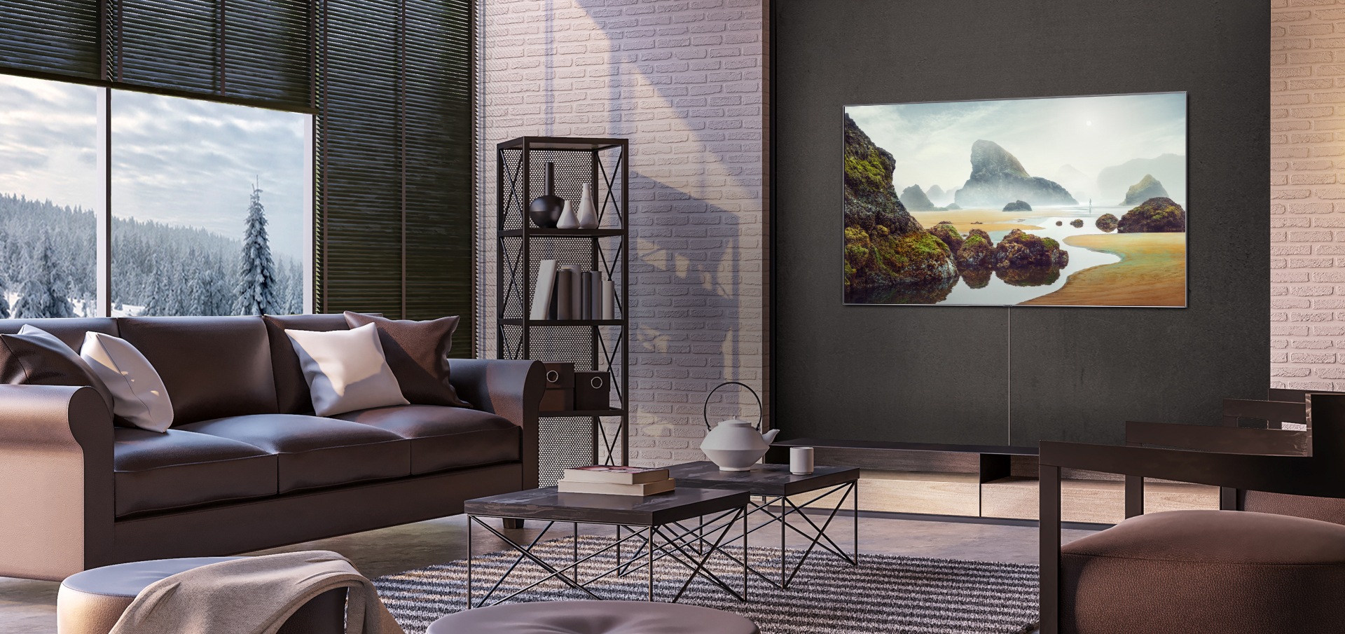 Un televisor QLED Q900R de 2019 que cuelga de la pared en una sala de estar.