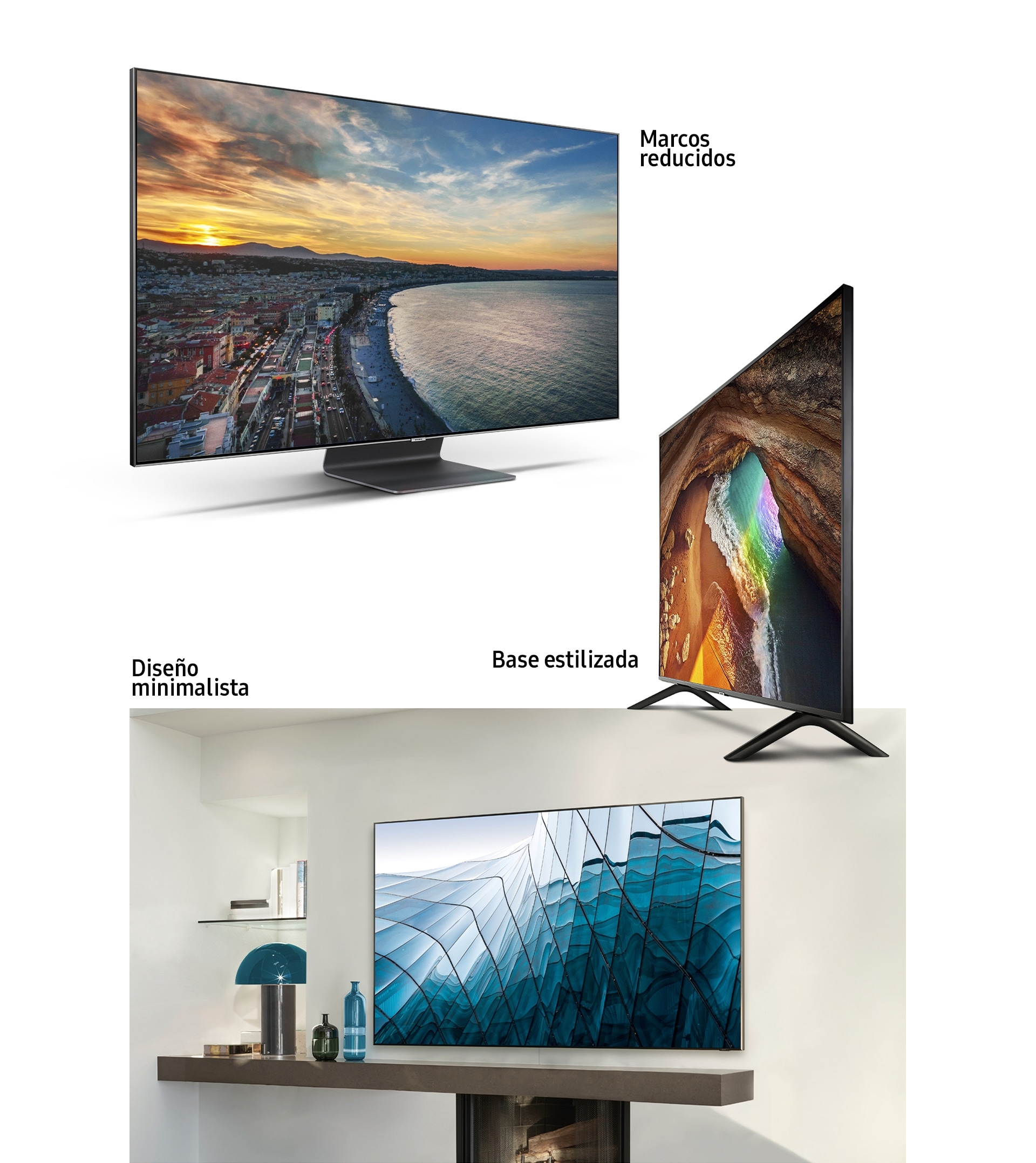 Una exhibición de múltiples televisores samsung QLED de 2019, con un ángulo izquierdo dinámico del Q90R de 2019 con unidad visual, un ángulo derecho dinámico de la imagen del Q60R de 2019 con un diseño de soporte elegante, y una imagen interior con un Q900R montado en una pared en una sala de estar con su diseño mínimo que encaja justo en la habitación.