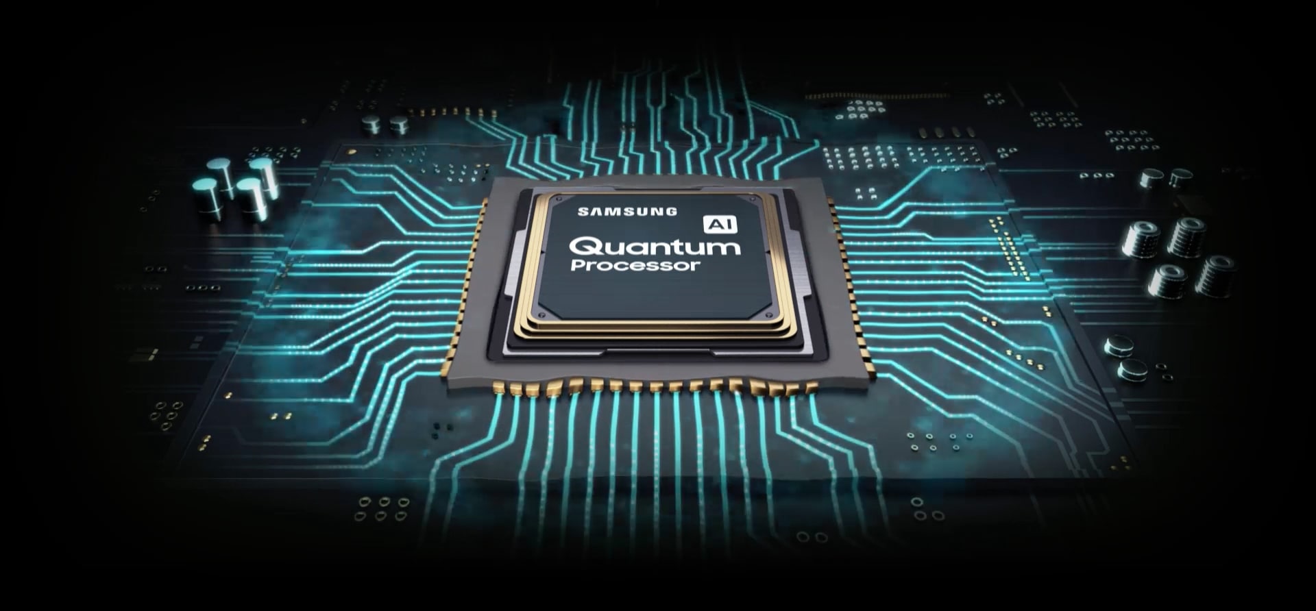 El nuevo procesador Quantum del televisor QLED de 2019 se coloca contra un fondo que representa la tecnología innovadora del QLED basada en el aprendizaje automático.