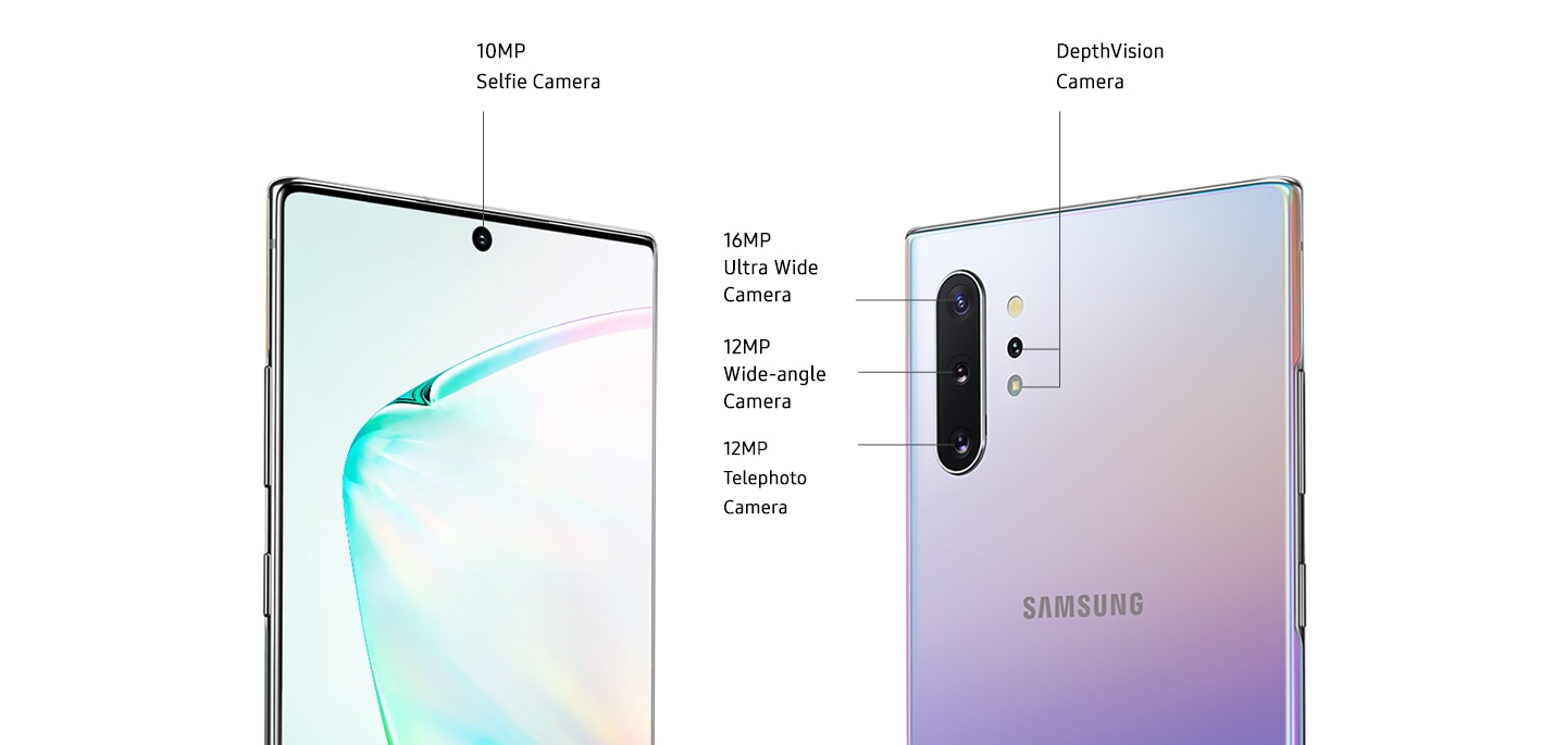 Two Galaxy Note10+ phones, one seen from the front and another seen from the rear. Galaxy Note10+ seen from the front is at a three-quarter angle from the power button side, showing the 10MP Selfie Camera. Onscreen is an abstract graphic. Galaxy Note10+ seen from the rear shows the quad camera system which includes the DepthVision Camera, 12MP Telephoto Camera, 12MP Wide-angle Camera, and 16MP Ultra Wide Camera.