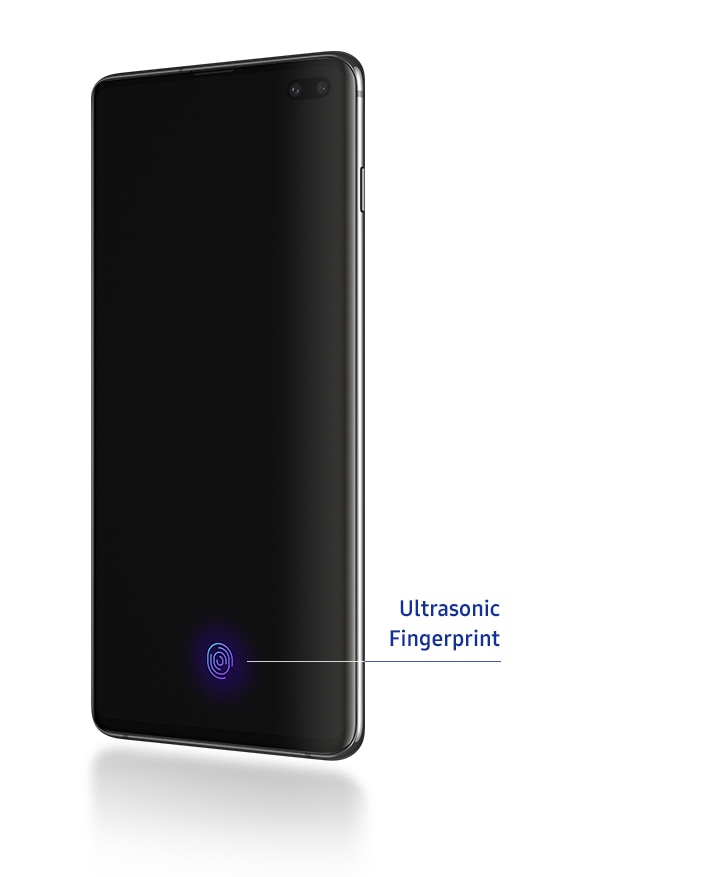 Galaxy S10 plus seen at a three-quarter profile from the right with the Ultrasonic Fingerprint Sensor icon appearing on-screen.