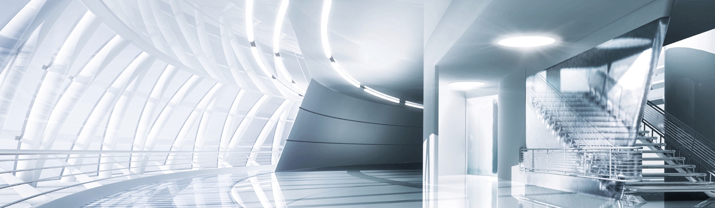 Samsung LEDs a wide and bright hallway lighted up with white lights (key visual)