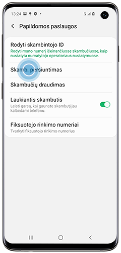 Palieskite „Skambučių peradresavimas“ ambučių peradresavimas) meniu „Papildomos paslaugos S10