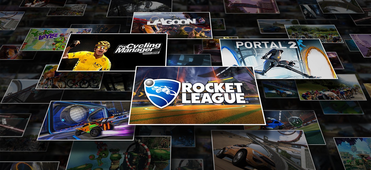 Image of stacked tiles, with each tile featuring various Steam games, including Rocket League®, Pro Cycling Manager 2018, Portal 2, and Trackmania² Lagoon.
