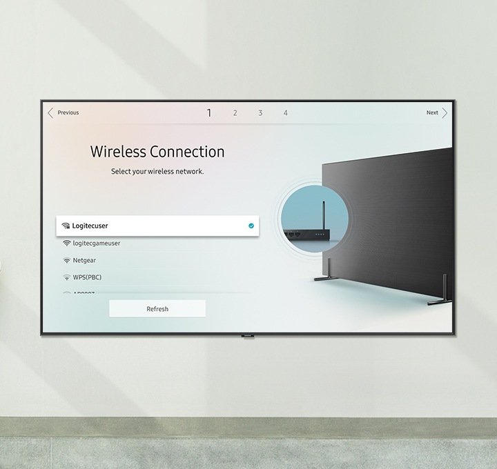 Connecting Smart TV to the wireless internet with the caption "Wireless Connection. Select your wireless network."