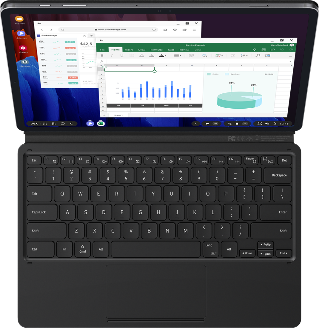 When the magnetic BookCover Keyboard is attached to Galaxy Tab S7+, you can simply press the DeX hotkey to complete your PC-like experience