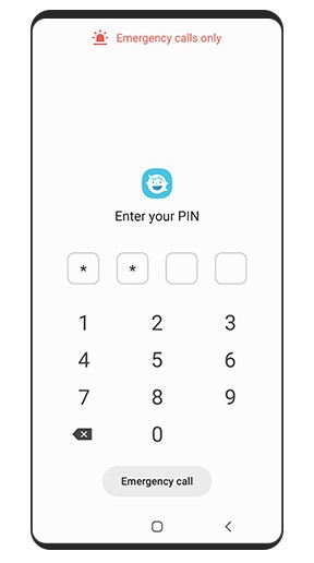 Una interfaz gráfica de usuario muestra la pantalla de bloqueo con PIN de Samsung Kids con un mensaje para ingresar tu PIN y un botón de llamada de emergencia debajo del teclado.