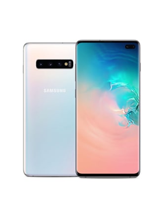 Front and rearview shot of a prism white Galaxy S10+