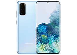 Two Galaxy S20 phones in Cloud Blue, one seen from the rear and the other seen from the front with a blue graphic wallpaper on screen.